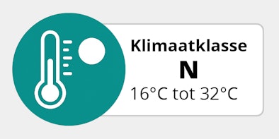 Pictogram klimaatklasse N met thermometer en zon, geschikt voor omgevingstemperaturen van 16 °C tot 32 °C