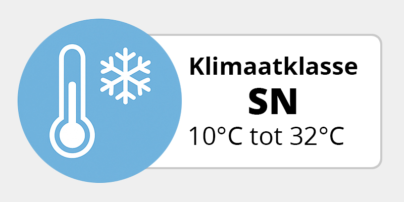 Pictogram klimaatklasse SN met thermometer en sneeuwvlok, geschikt voor omgevingstemperaturen van 10 °C tot 32 °C