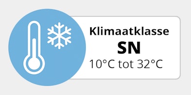 Pictogram klimaatklasse SN met thermometer en sneeuwvlok, geschikt voor omgevingstemperaturen van 10 °C tot 32 °C