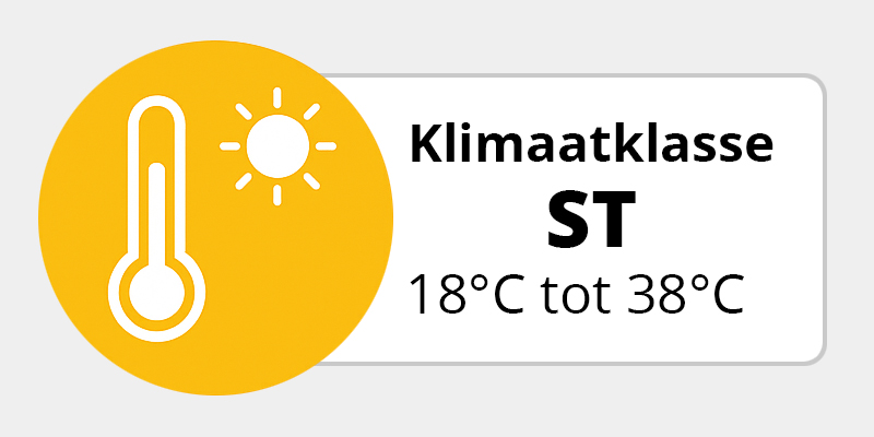 Pictogram klimaatklasse ST met thermometer en zon, geschikt voor omgevingstemperaturen van 16 °C tot 38 °C