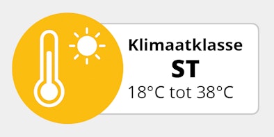 Pictogram klimaatklasse ST met thermometer en zon, geschikt voor omgevingstemperaturen van 16 °C tot 38 °C