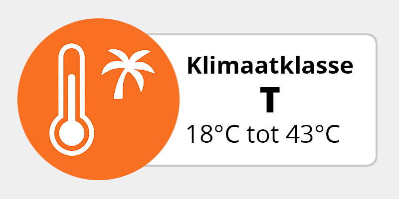 Pictogram klimaatklasse T met thermometer en palmboom, geschikt voor omgevingstemperaturen van 18 °C tot 43 °C