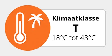 Pictogram klimaatklasse T met thermometer en palmboom, geschikt voor omgevingstemperaturen van 18 °C tot 43 °C