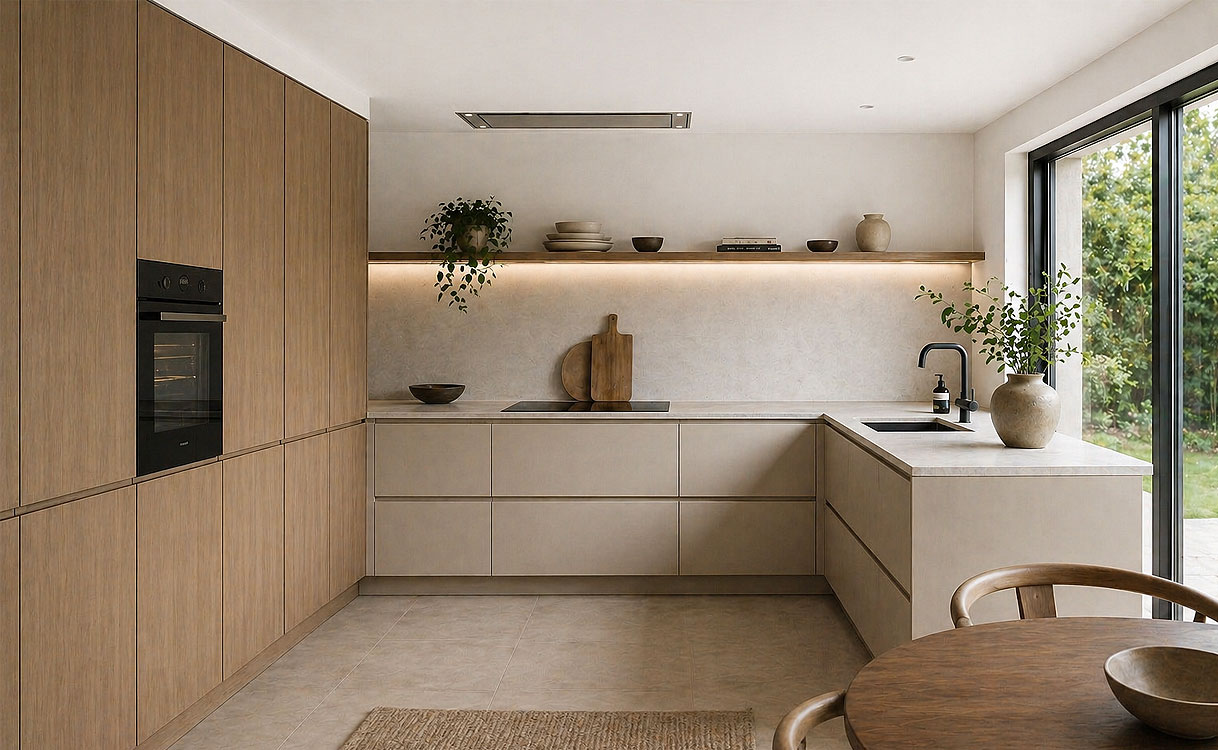 Japandi keuken in L-opstelling met beige fronten, houten kastenwand en strakke plafond afzuigunit