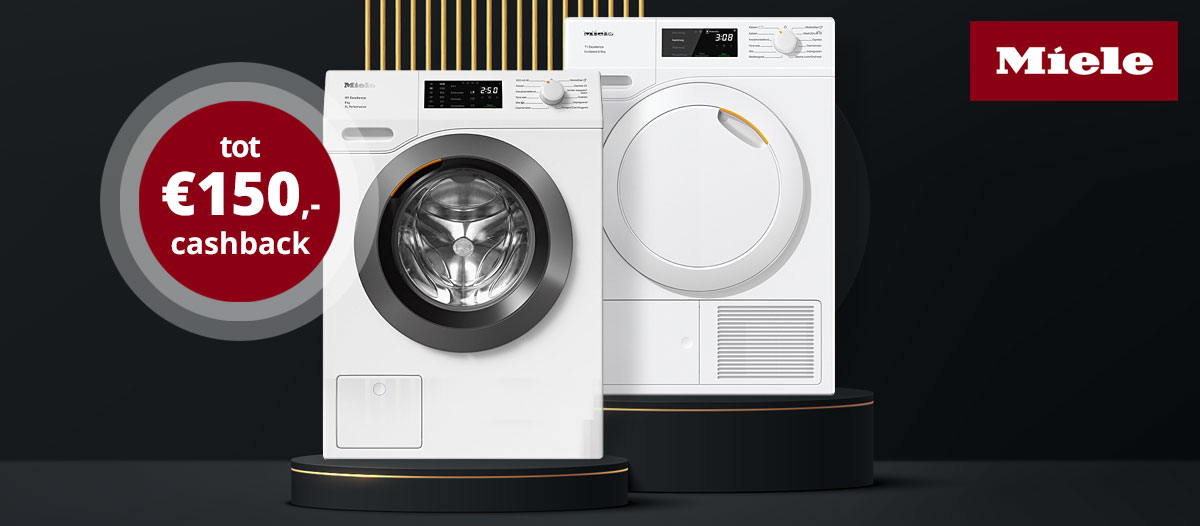 Ontvang tot €150,- cashback op wasmachines en drogers van Miele.
