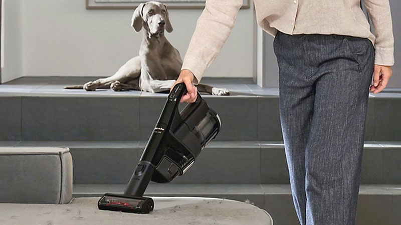 Miele Triflex HX3 Cat & Dog in handunit-stand wordt gebruikt om een poef schoon te maken met Weimaraner hond op de achtergrond