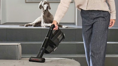 Miele Triflex HX3 Cat & Dog in handunit-stand wordt gebruikt om een poef schoon te maken met Weimaraner hond op de achtergrond