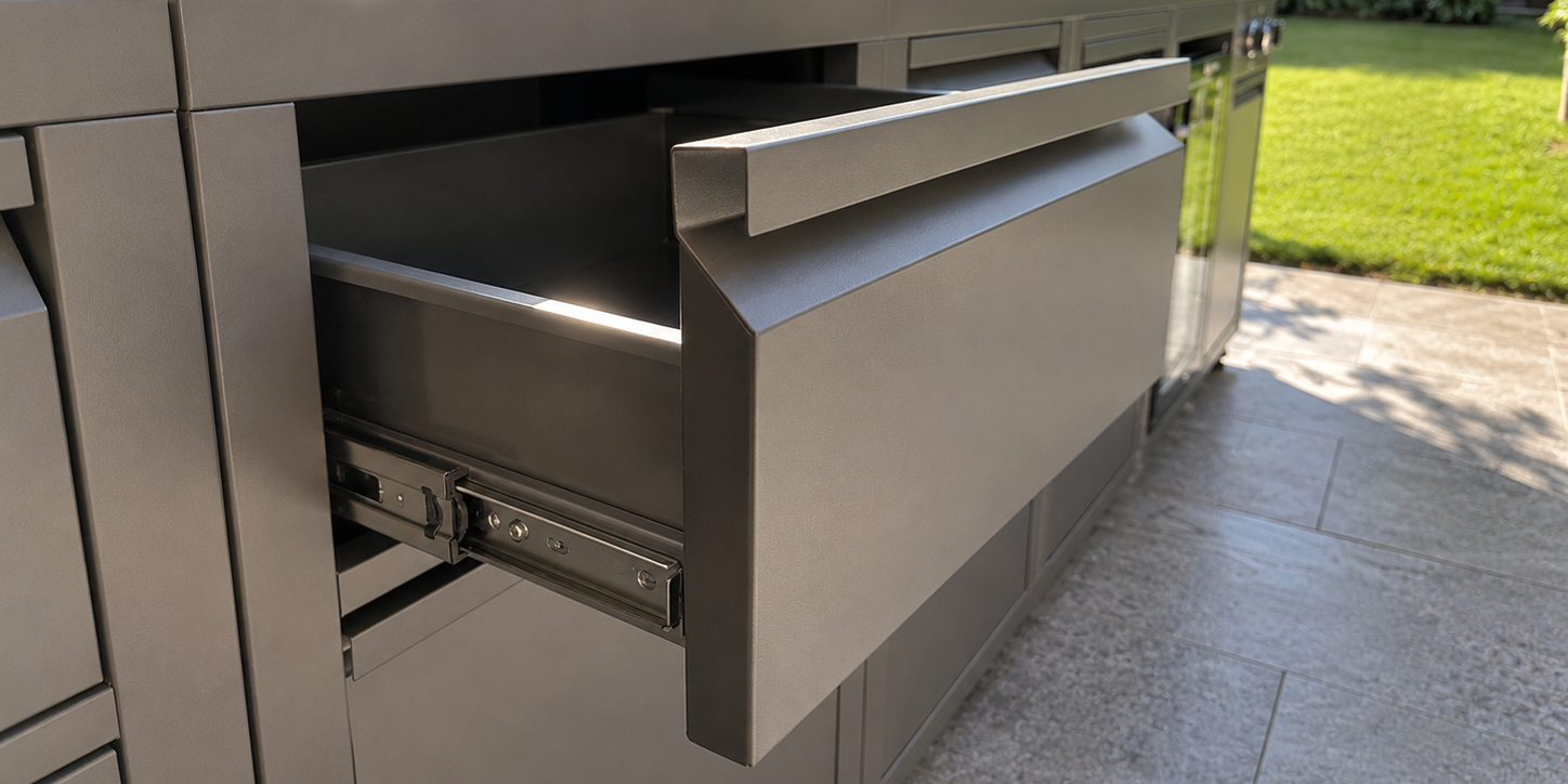 Grijze buitenkeuken met een deels geopende soft-close lade in een zonnige tuin.