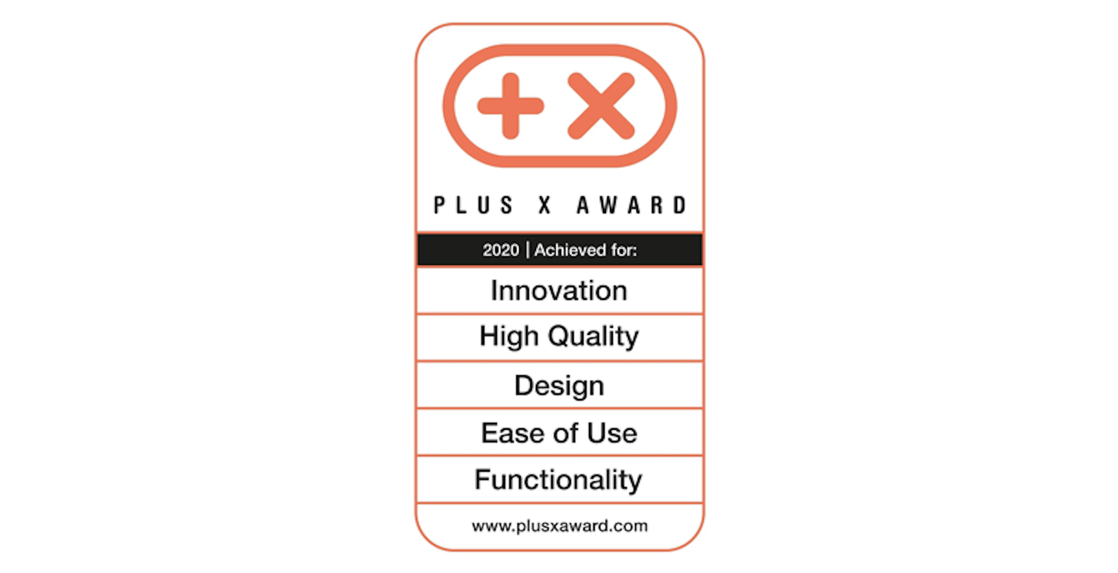 Plus X Award 2020 voor innovatie, hoge kwaliteit, design, gebruiksvriendelijkheid en functionaliteit.