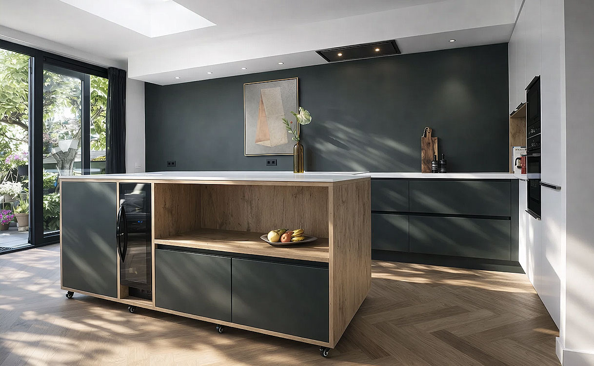 Verrijdbaar keukeneiland op wielen met open vakken en donkere kastdeurtjes in een moderne keuken met donkergroene muur