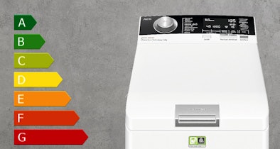 Energielabel met klassen A tot G naast een 6 kg wasmachine