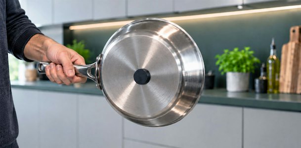Man toont de magnetische bodem van een pan voor een Bauknecht inductiekookplaat
