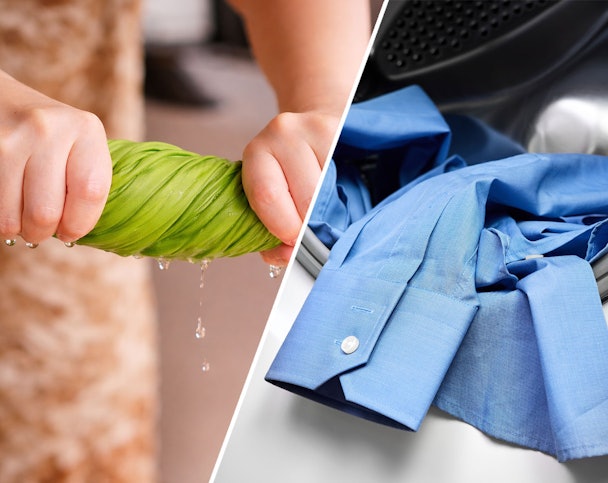 Vergelijking tussen nat wasgoed en droge kleding ter illustratie van Added Steam en Iron Assist