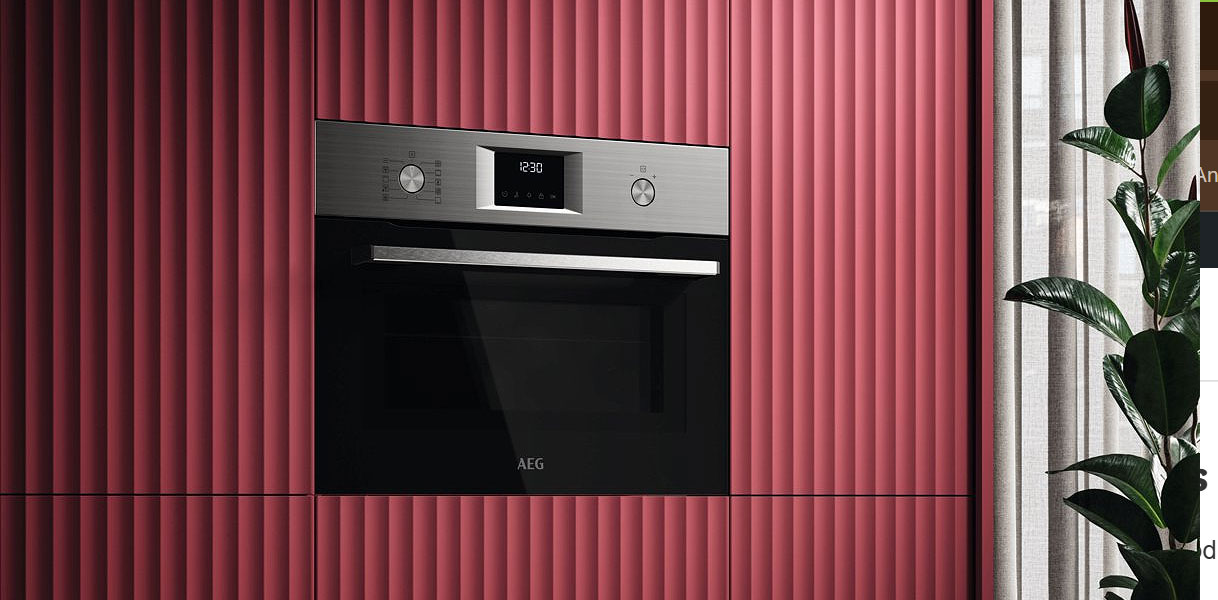 AEG 5000-serie inbouw magnetron in RVS met digitaal display ingebouwd in roze geribbelde keuken