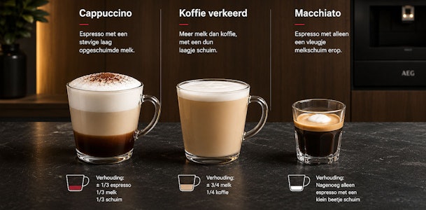 Drie melkrecepten uit een AEG inbouw koffiemachine met cappuccino koffie verkeerd en macchiato