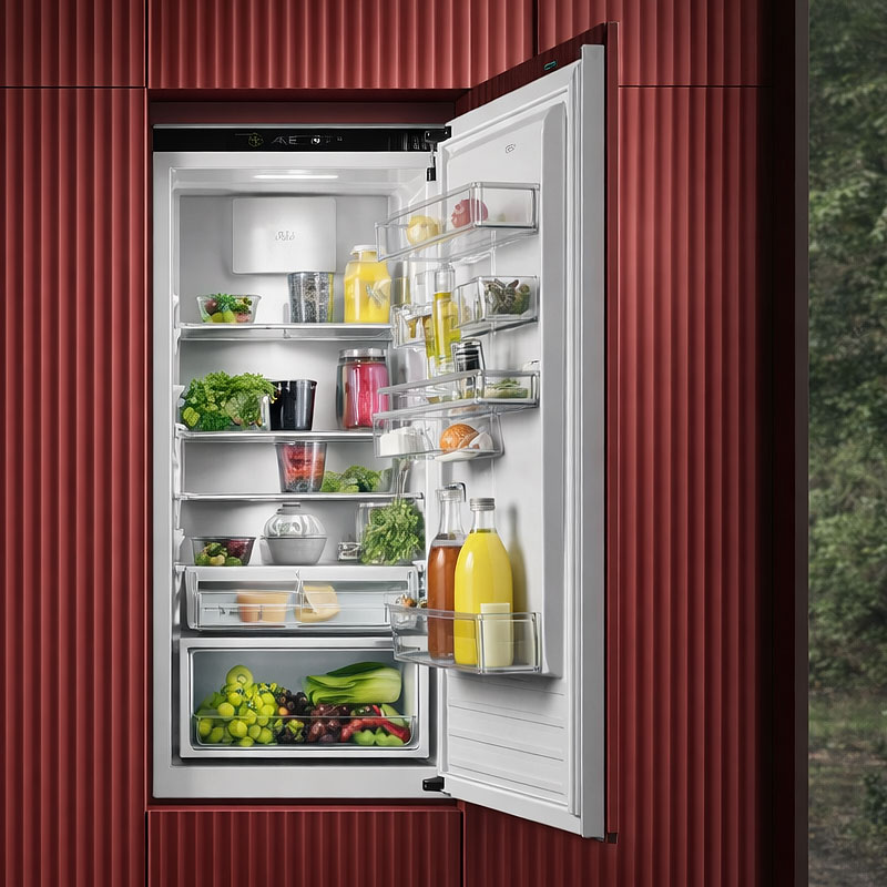 AEG inbouw koelkast open met verse groenten, fruit en dranken in overzichtelijke indeling