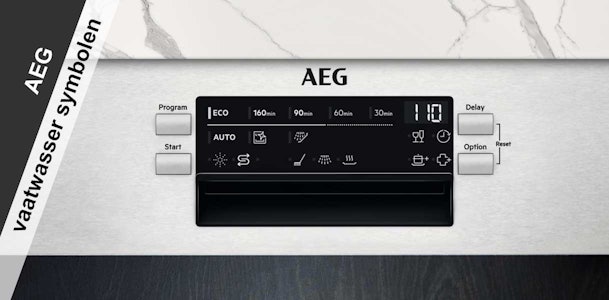 AEG vaatwasser bedieningspaneel met symbolen voor ECO, AUTO, programma tijden en display