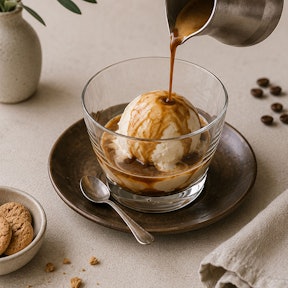 Affogato met espresso over een bol vanille-ijs