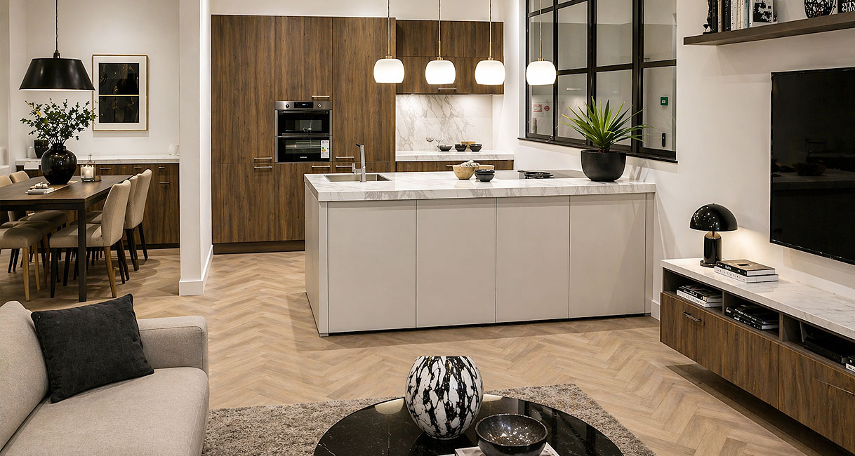Open keuken met schiereiland als afscheiding tussen keuken en woonkamer, met bargedeelte en zitplaatsen