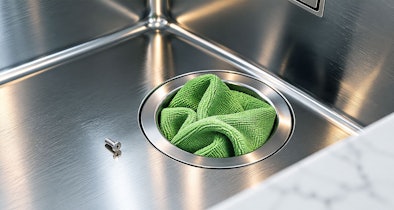 Doek in putje van spoelbak zodat een los schroefje niet in de afvoer valt