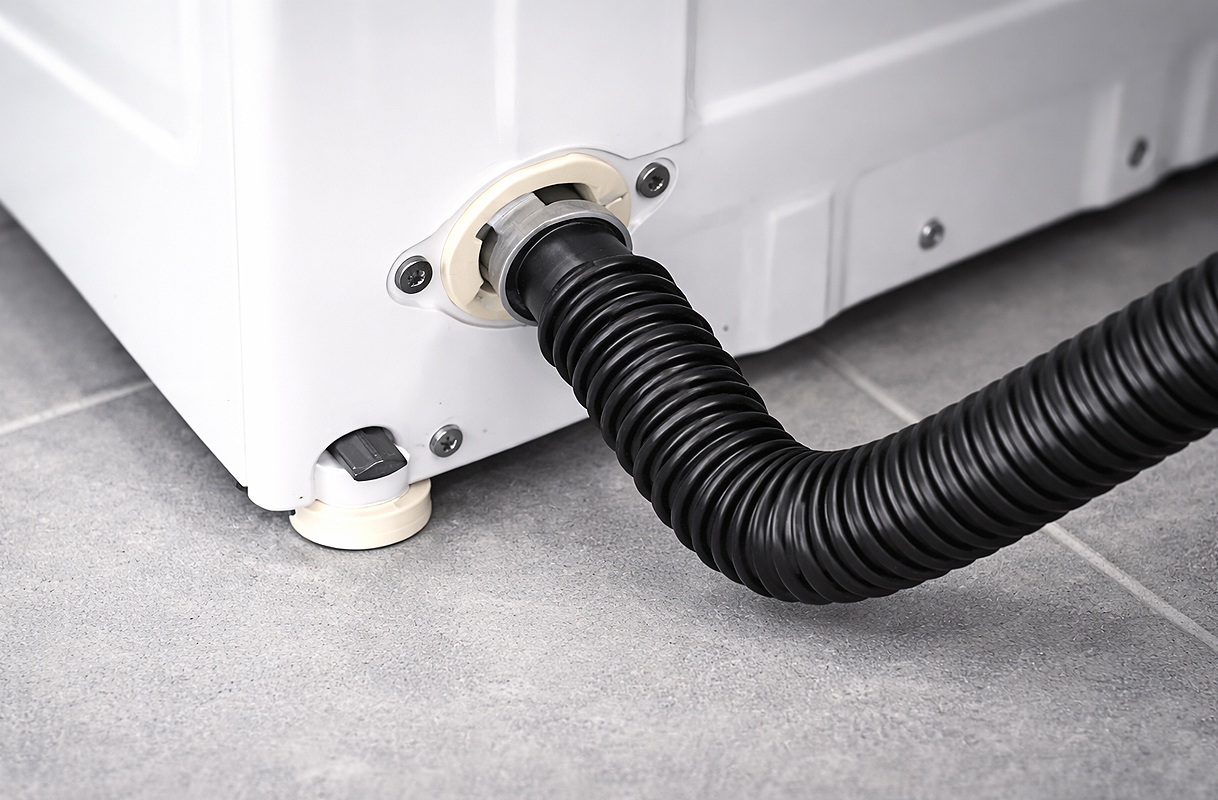 Zwarte afvoerslang correct aangesloten op de achterkant van een wasmachine, met een vloeiende bocht zonder knikken