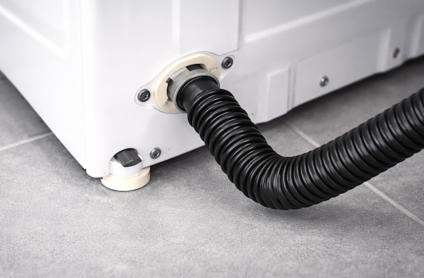 Zwarte afvoerslang correct aangesloten op de achterkant van een wasmachine, met een vloeiende bocht zonder knikken