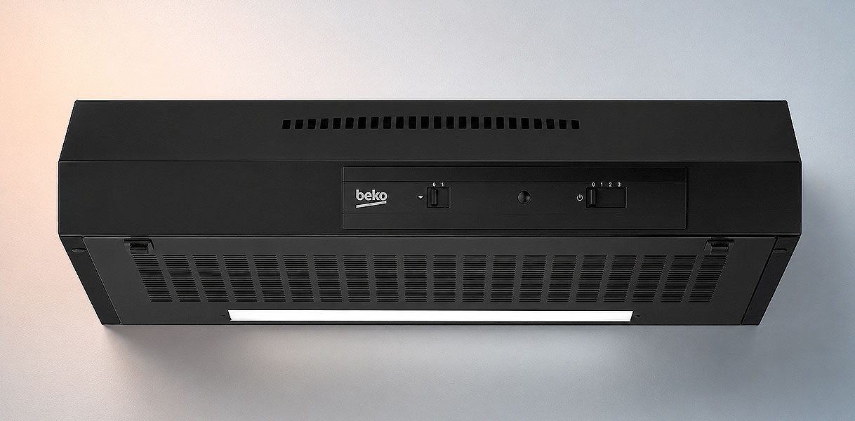 Zwarte Beko onderbouw afzuigkap met schuifbediening en verlichting aan de onderkant