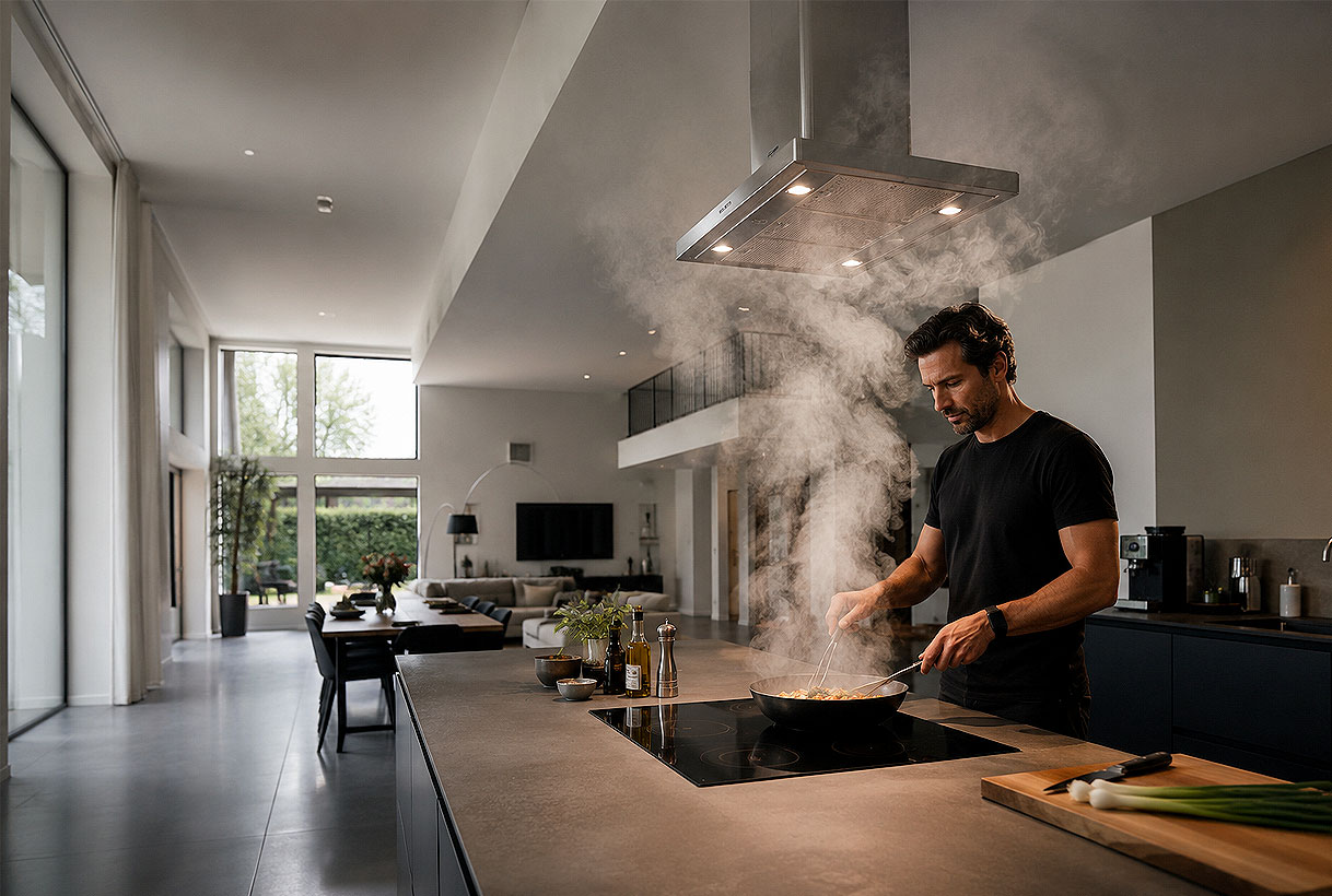 Man wokt op hoog vuur met veel opstijgende stoom onder een afzuigkap in een grote open keuken