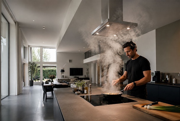 Man wokt op hoog vuur met veel opstijgende stoom onder een afzuigkap in een grote open keuken