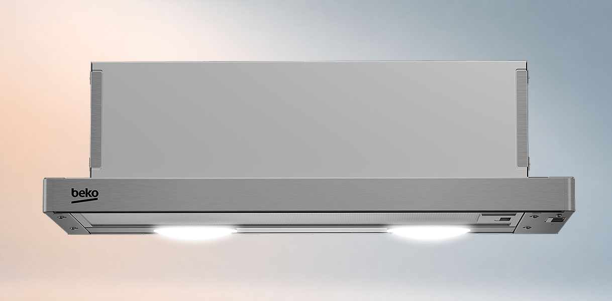 Uitgeschoven Beko vlakscherm afzuigkap van roestvrijstaal met verlichting aan de onderkant