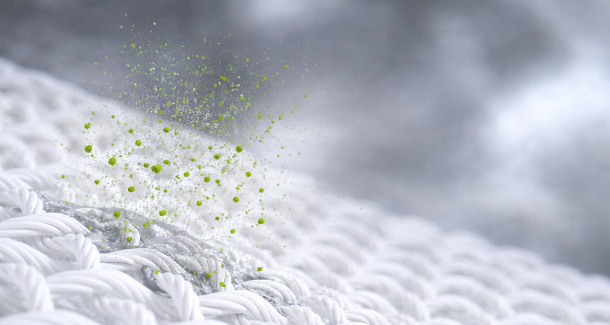 Alternatieve tekst: Microscopische weergave van allergenen die uit textiel worden verwijderd door het LG Allergy Care droogprogramma