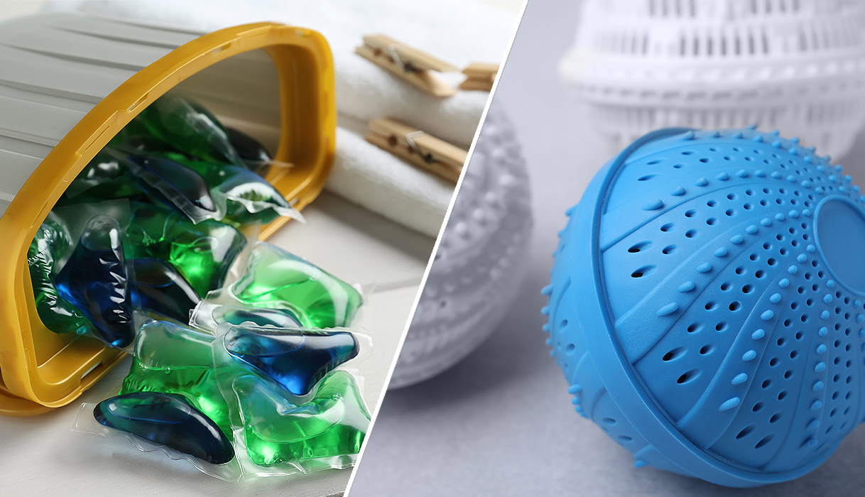 Waspods en wasbol die direct in de trommel van de wasmachine worden gebruikt