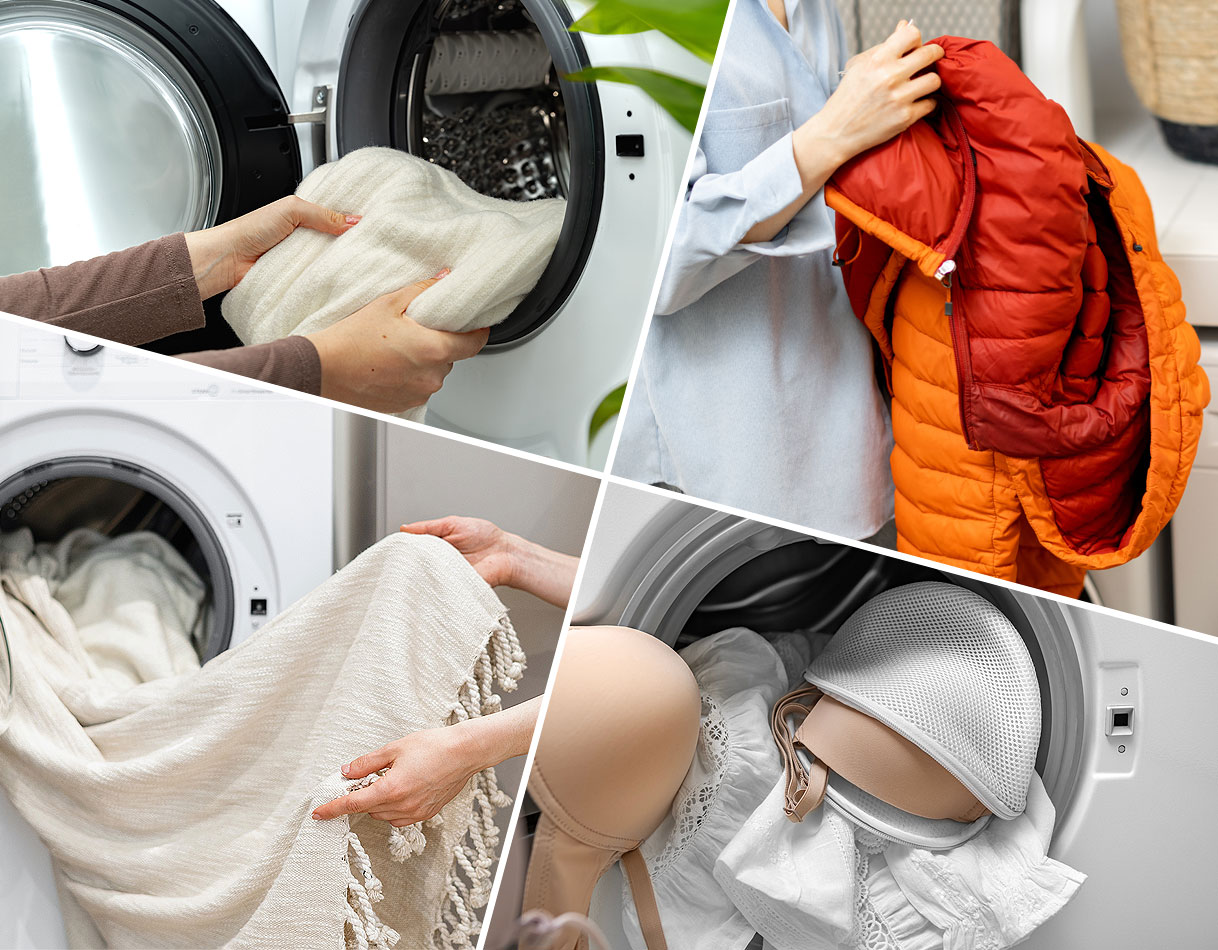Collage van vier afbeeldingen: handen plaatsen een wollen trui in de wasmachine, vrouw houdt oranje donsjack vast, plaid met franjes bij de wasmachine, en bh's in een waszakje in de trommel