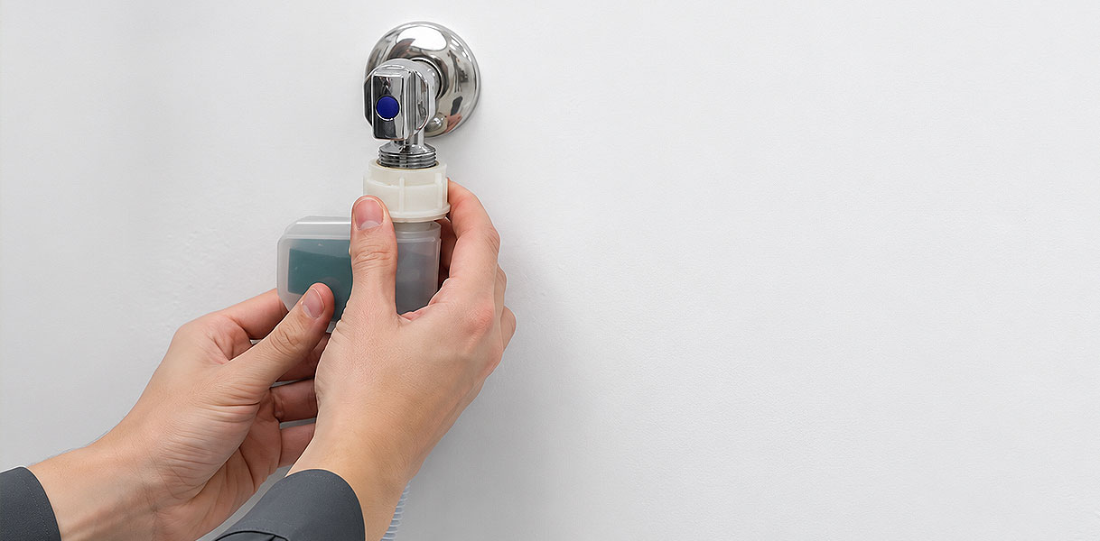 Hand die AquaStop-aansluiting van Bosch monteert die het huis tegen waterschade beschermt