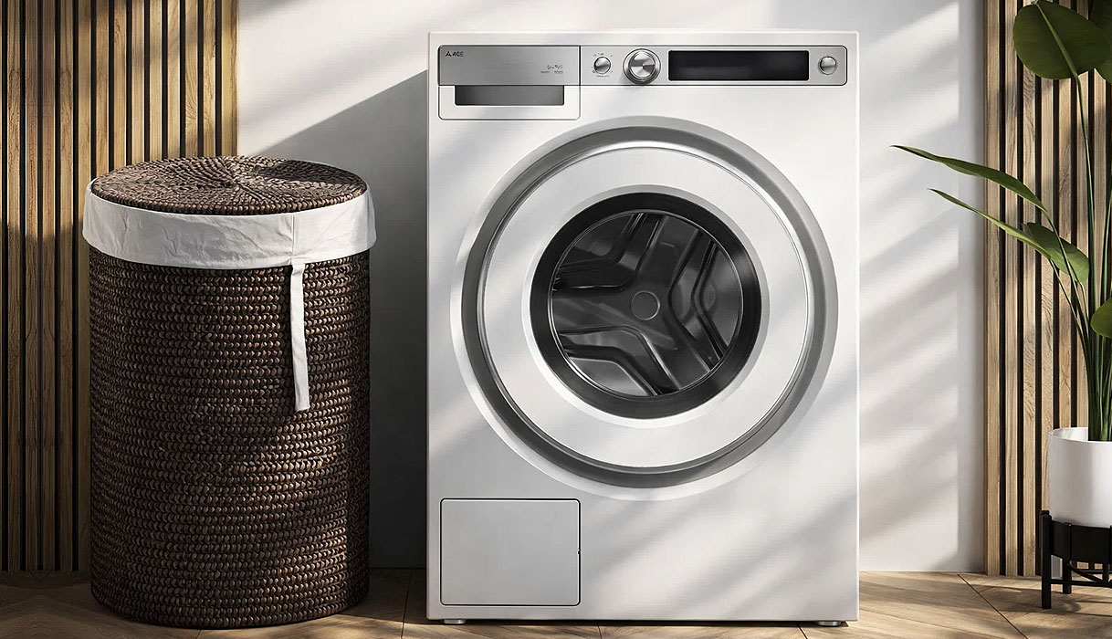 ASKO Style voorlader wasmachine in moderne wasruimte met houten wand en wasmand