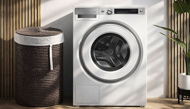ASKO Style voorlader wasmachine in moderne wasruimte met houten wand en wasmand