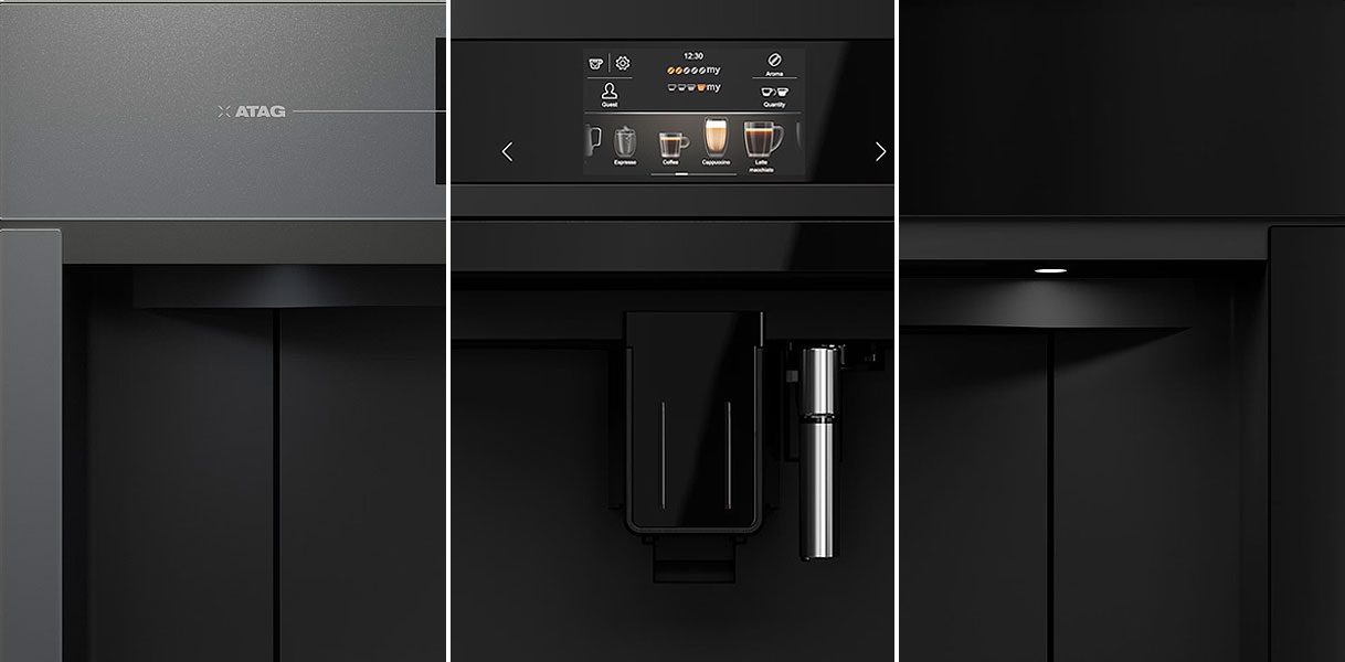 Fronten van de drie ATAG koffiemachines uit de 8 serie in Black Steel Black Glass en Graphite