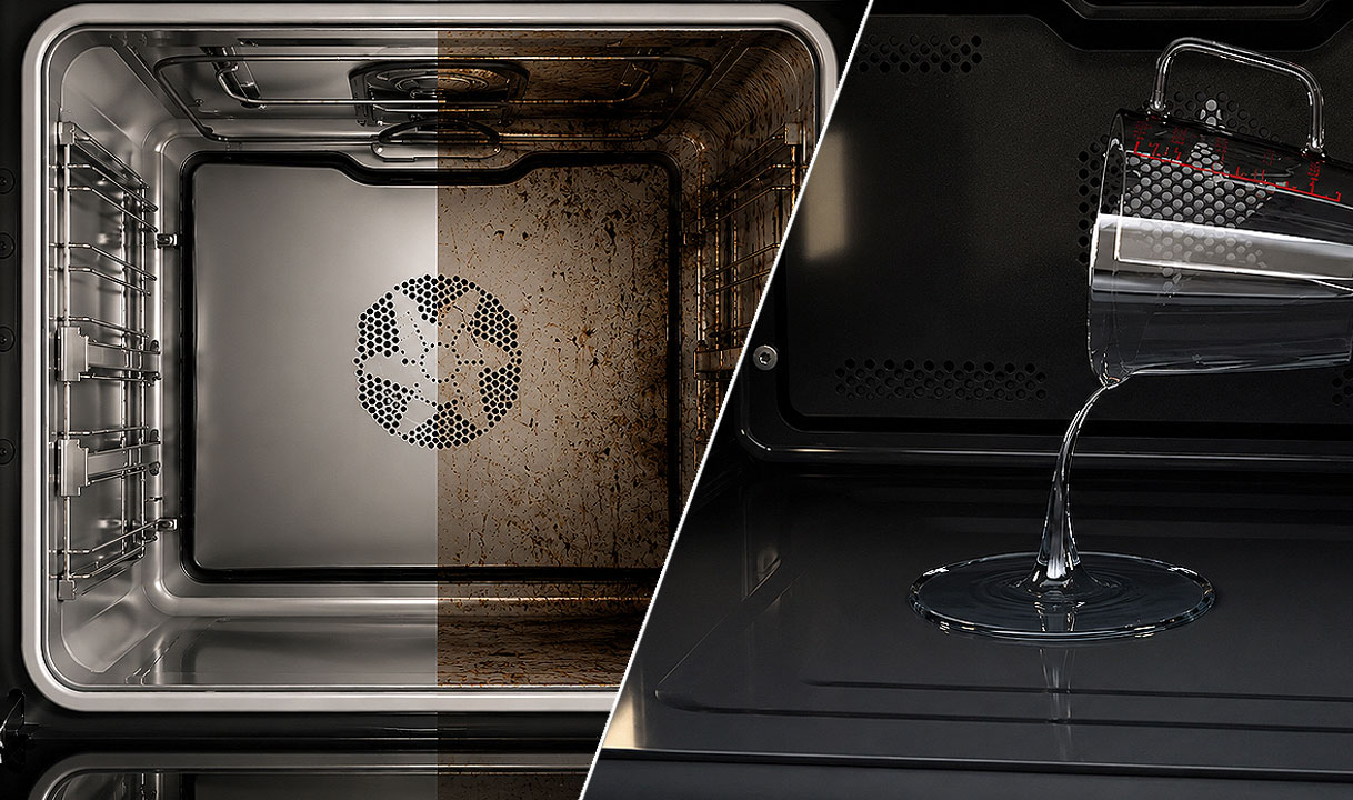 Ovenruimte voor en na pyrolyse reiniging naast water voor hydrolyse in de ATAG oven