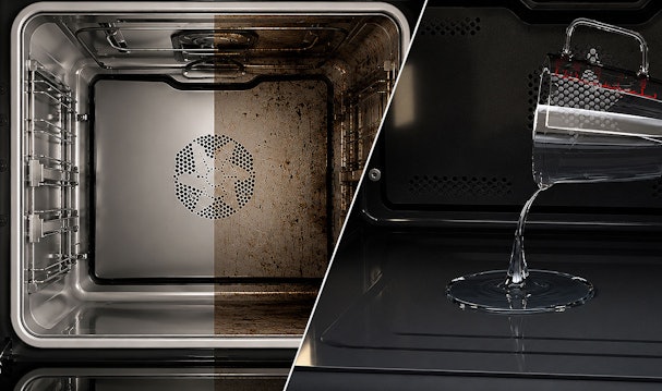 Ovenruimte voor en na pyrolyse reiniging naast water voor hydrolyse in de ATAG oven