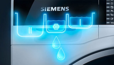 Illustratie van Siemens i-Dos intelligentDosing dat automatisch de juiste hoeveelheid wasmiddel en wasverzachter doseert.