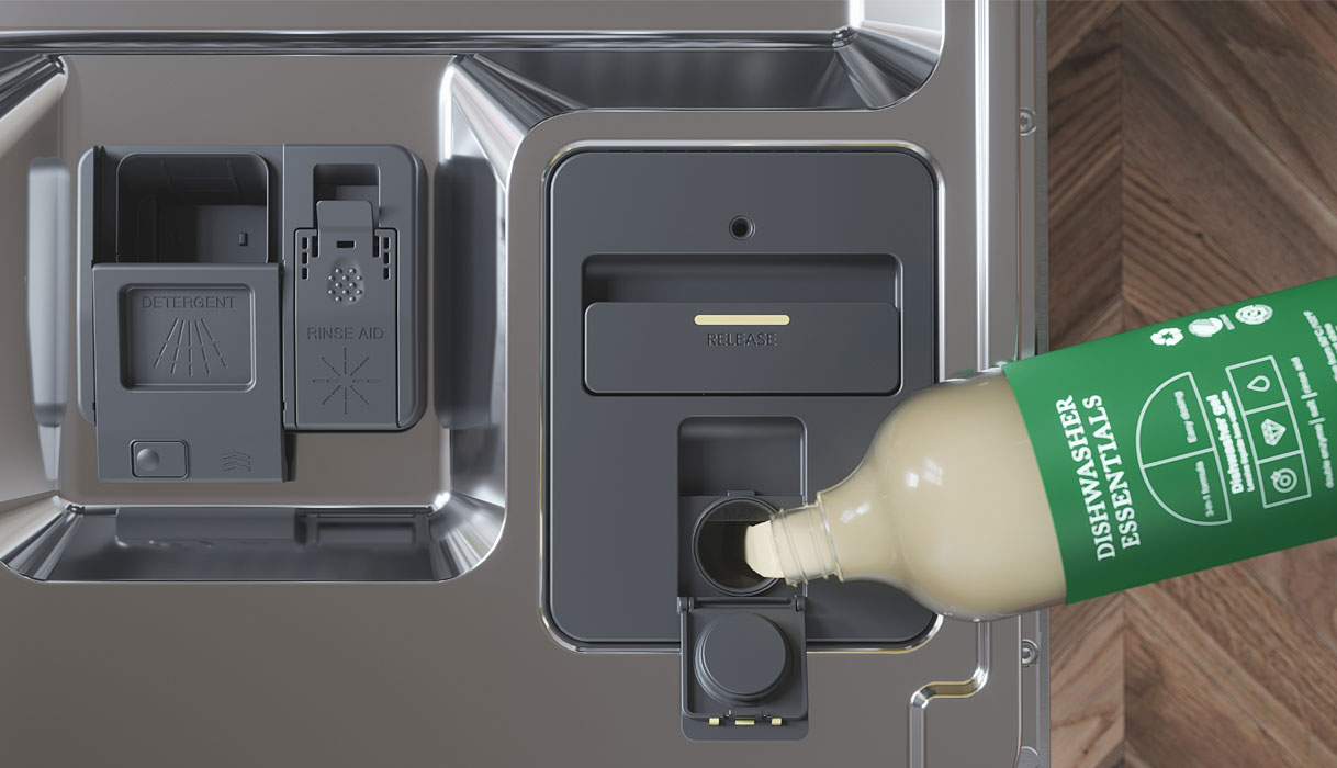 ATAG AutoDose-systeem waarbij vaatwasgel automatisch wordt gedoseerd vanuit een navulbare cartridge in de vaatwasser.