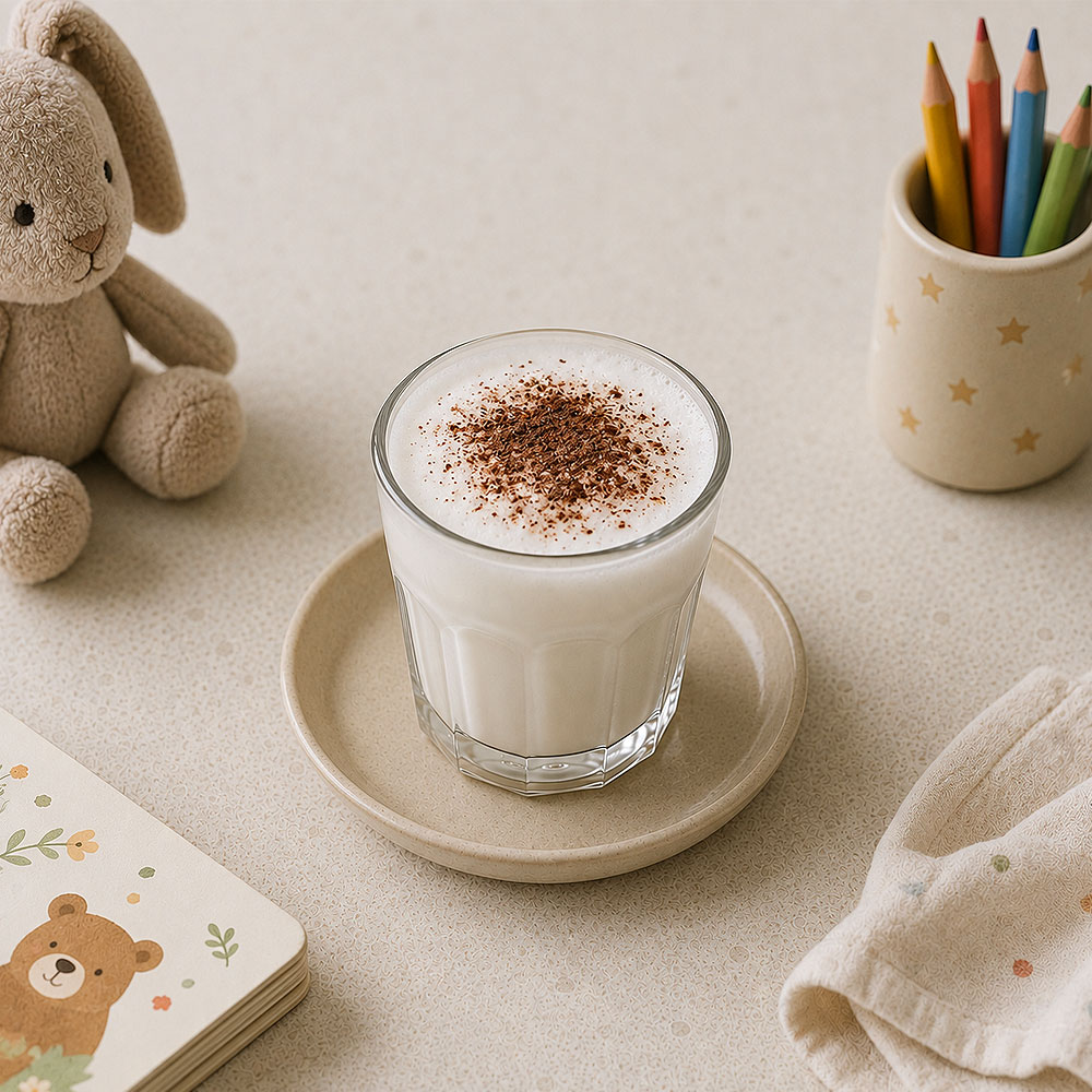 Babyccino van opgeschuimde melk met cacaopoeder erop