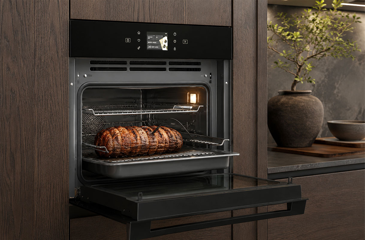 Bauknecht inbouw magnetron in een donker eiken keuken met open deur, rolade en kerntemperatuurmeter.