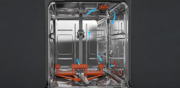 Doorkijk van een Bauknecht vaatwasser met luchtstroom die de vaat via ventilatie droogt