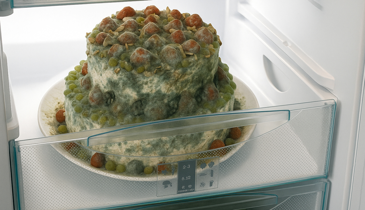 Taart met zware vriesbrand en schimmel als voorbeeld van bedorven ingevroren voedsel