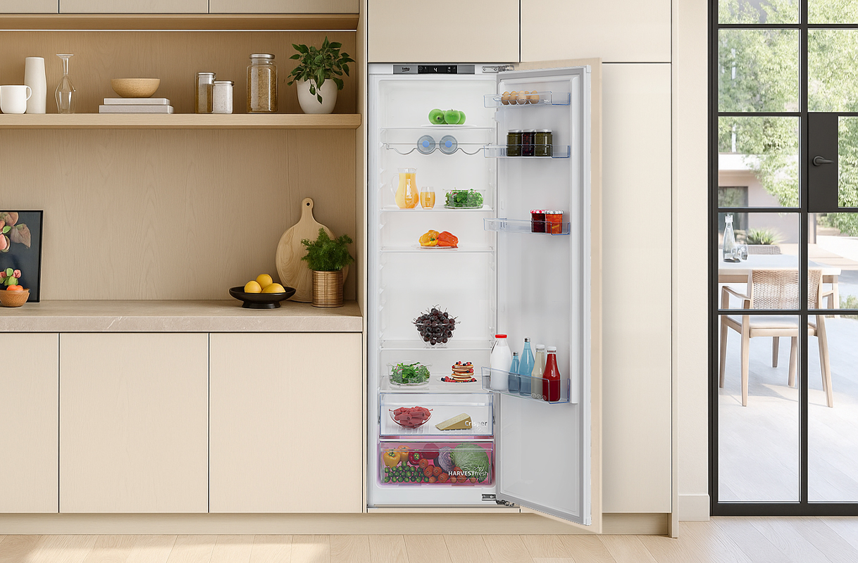 Open Beko inbouwkoelkast met overzicht van koelruimte en vriesvakopties
