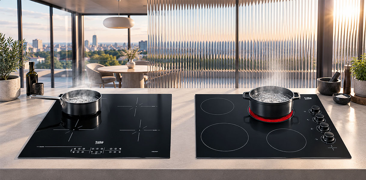 Beko inductie kookplaat naast een Beko keramische kookplaat met pannen in een keuken