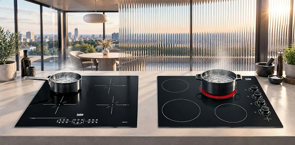 Beko inductie kookplaat naast een Beko keramische kookplaat met pannen in een keuken