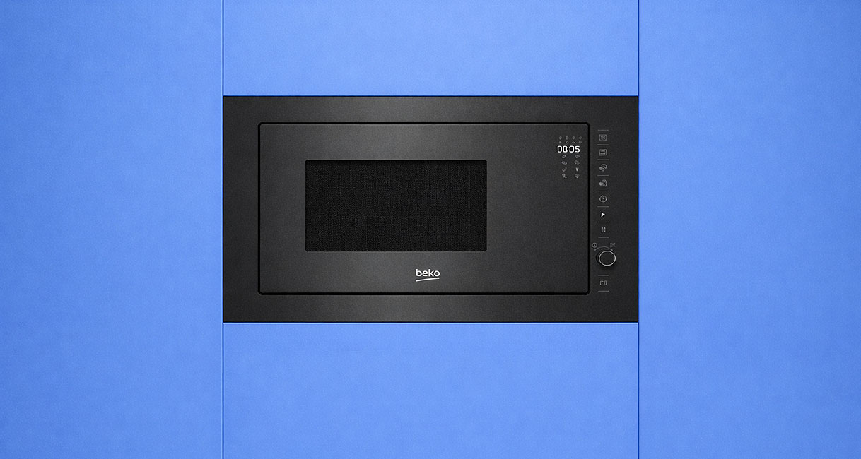 Beko inbouw magnetron met grillfunctie in zwart met digitaal display en draaiknop voor gratineren en bruinen