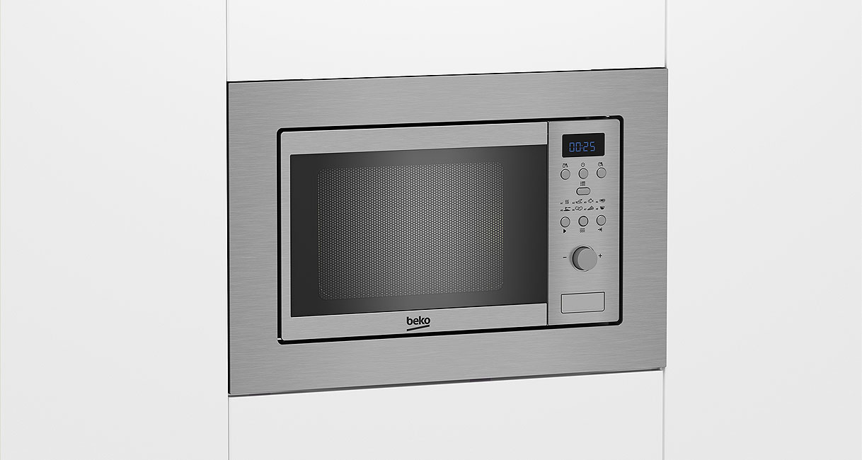 Beko solo inbouw magnetron in RVS met digitaal display en draaiknop voor opwarmen en ontdooien